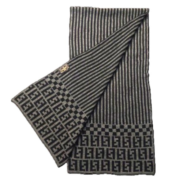 Vintage FENDI Black and Gray Stripe Check Monogram Reversible Scarf - Picture 1 of 9